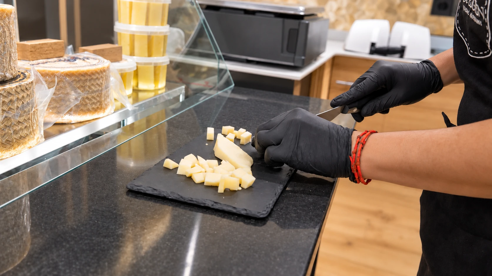 Manos preparando y cortando queso en Quesería Origen